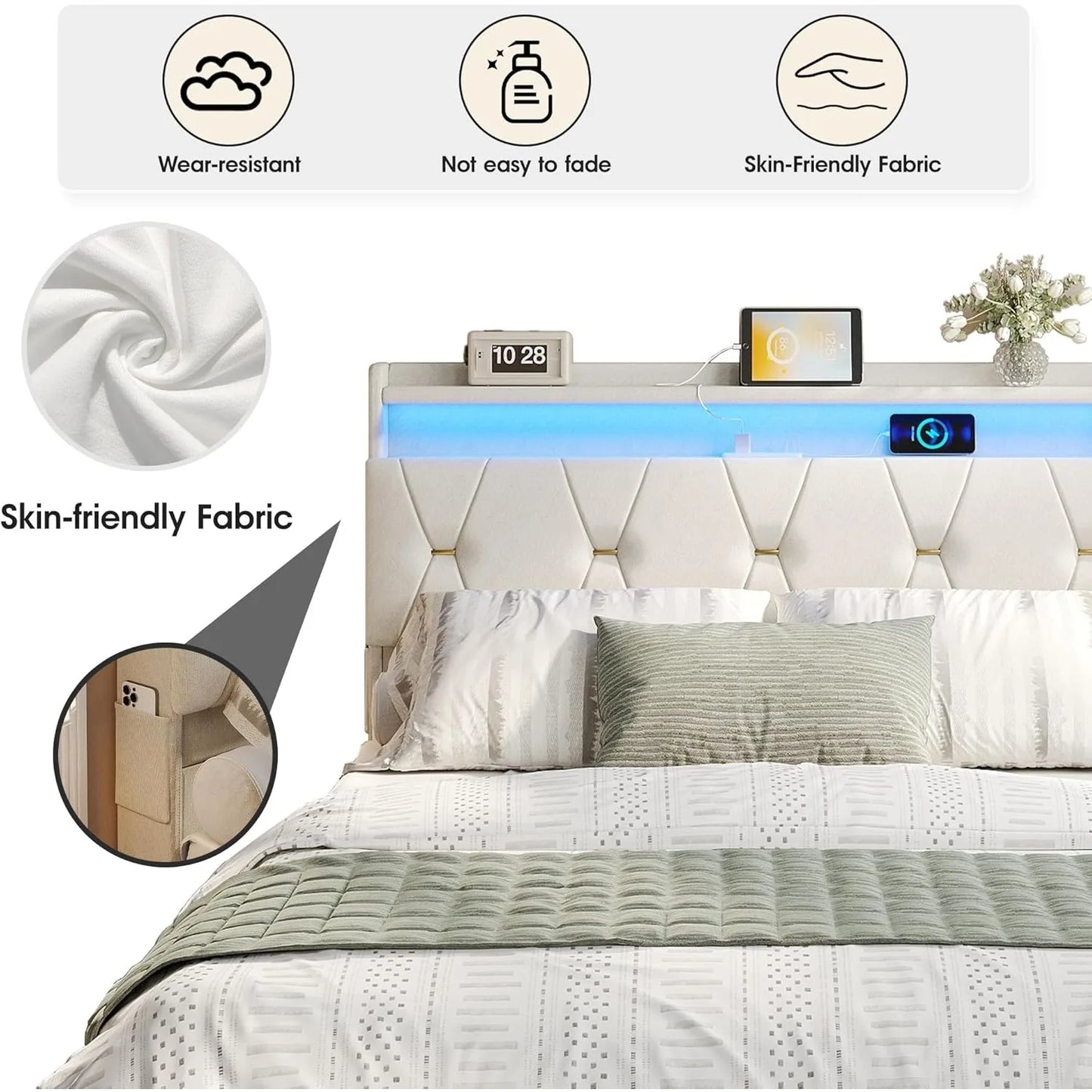 Queen Size Lift-Up Storage Bed with Headboard, LED, Charging Station