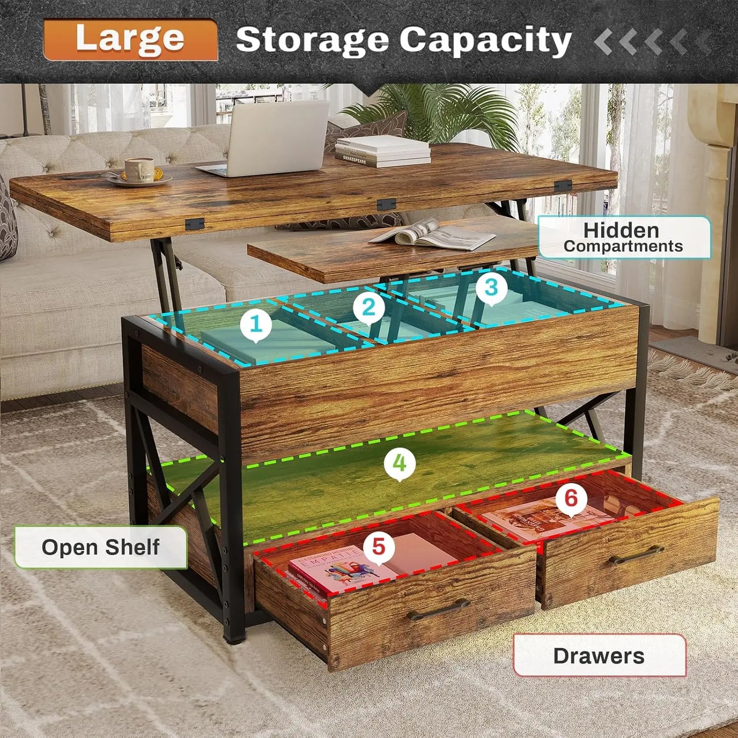 40" Lift Top Farmhouse Coffee Table with Storage, 2 Drawers & LED