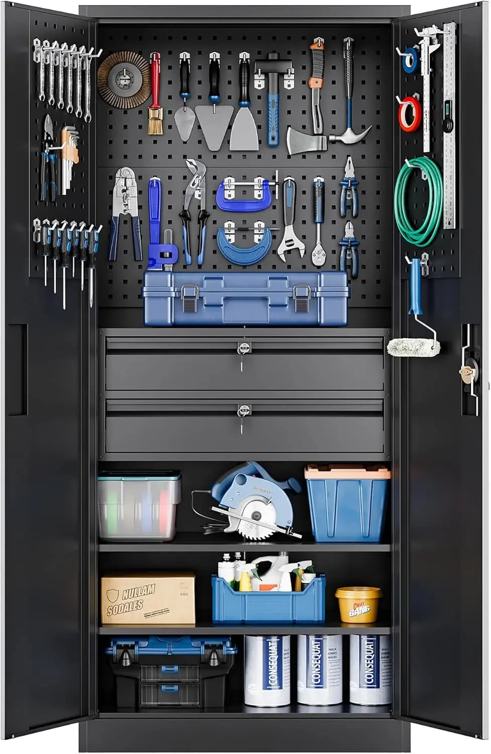 71" Metal Garage Storage Cabinet with Locking Doors, 2 Drawers & Pegboard