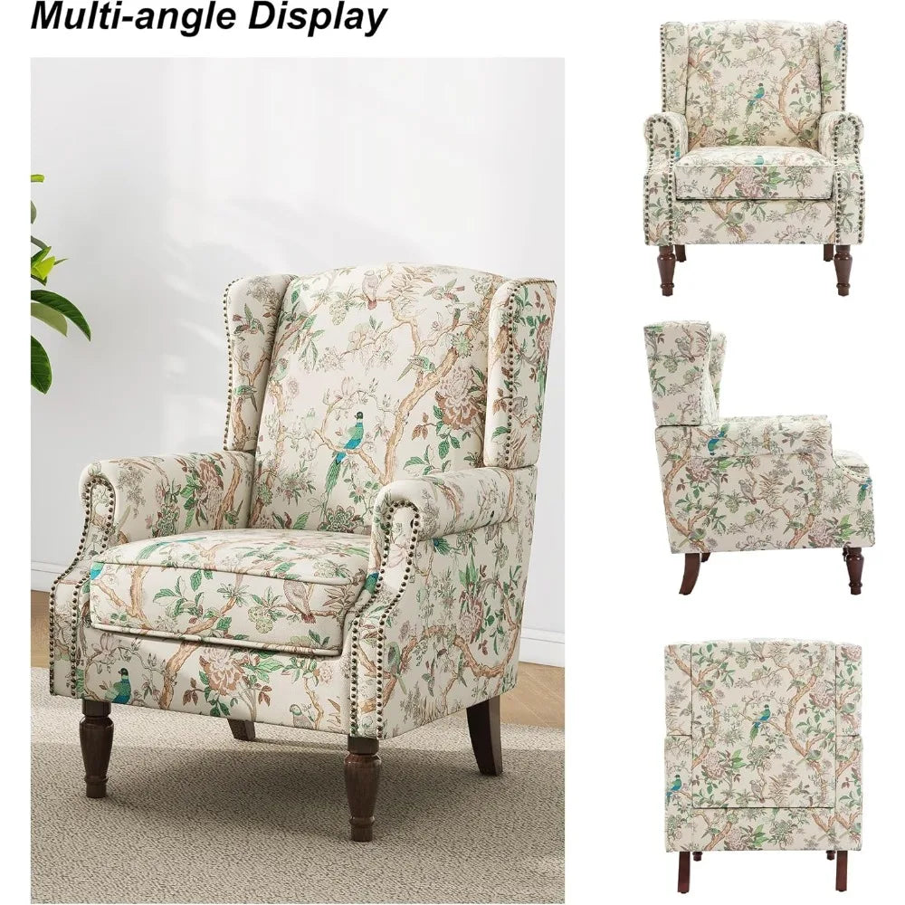 Accent Arm Chair, Upholstered High Back Wingback with Nailhead Trim