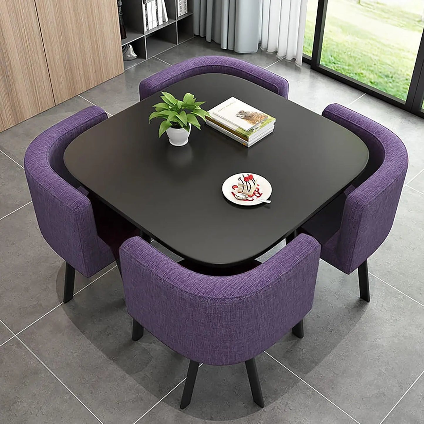 5-Piece Modern Dining Set, Stone-Style Table with Space-Saving Chairs