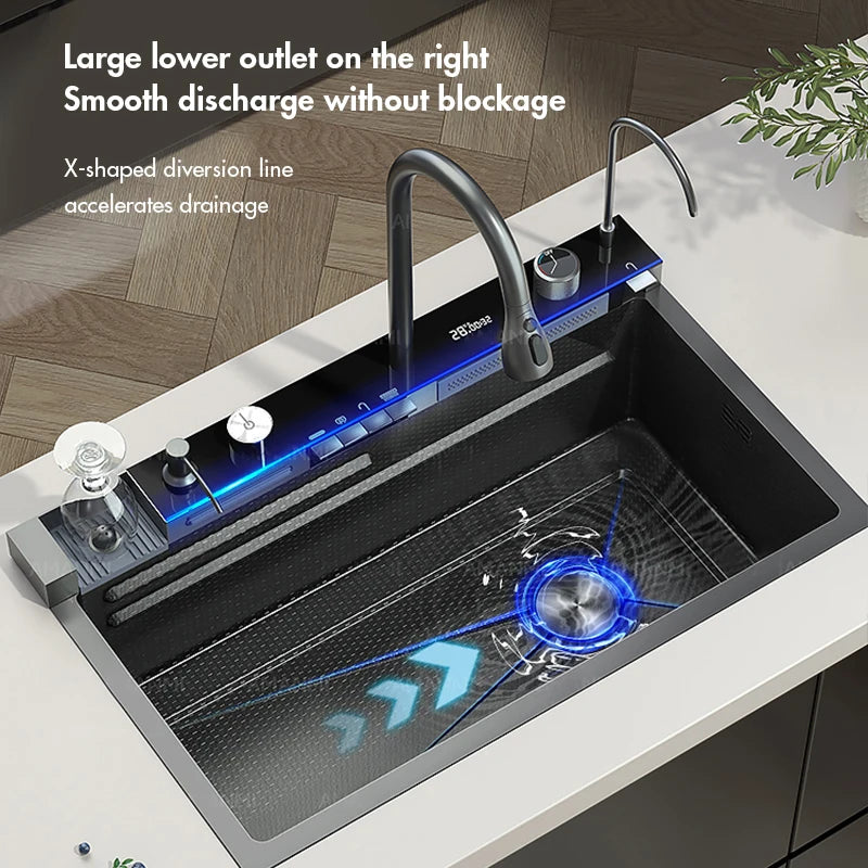 304 Stainless Steel Waterfall Kitchen Sink Set with Digital Faucet, Soap Dispenser & Cup Washer
