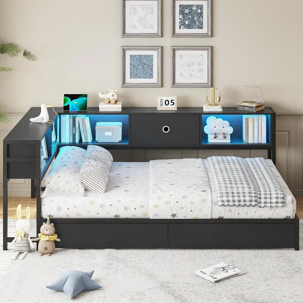 ✅ Twin XL Corner Bed Frame – Bookcase Headboard, LED Lights, Storage Drawers & Built-In Charging Station