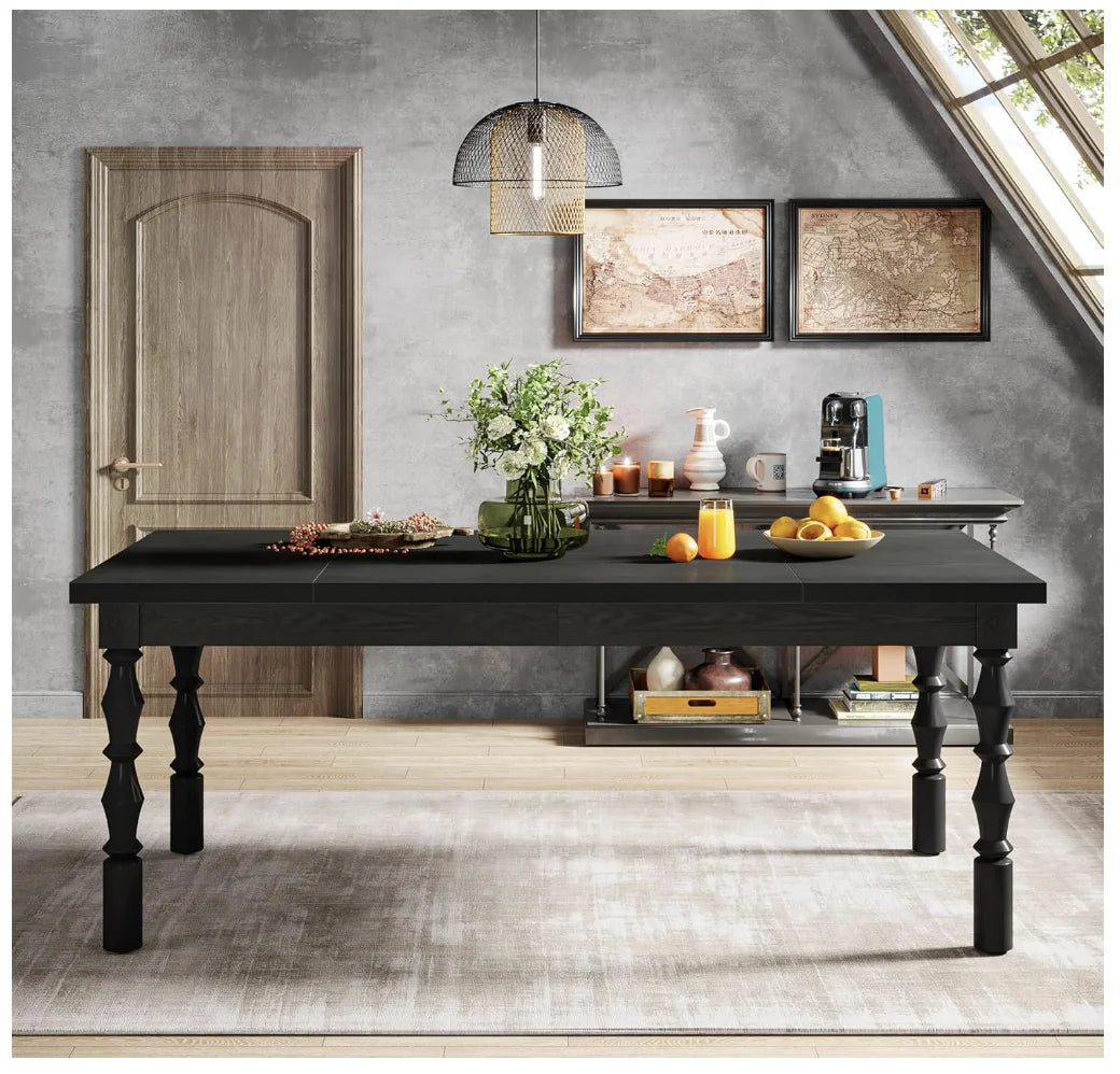 Wood Black Dining Table for 4-6 People, Farmhouse Large Rectangle Kitchen Table