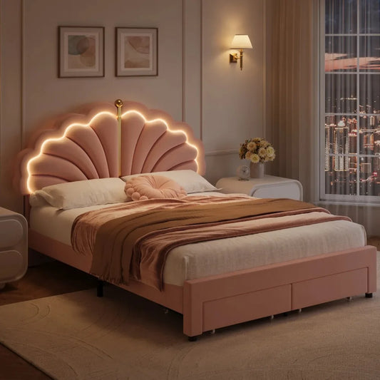 Velvet Kids Platform Bed with LED Headboard & Storage – Princess Style