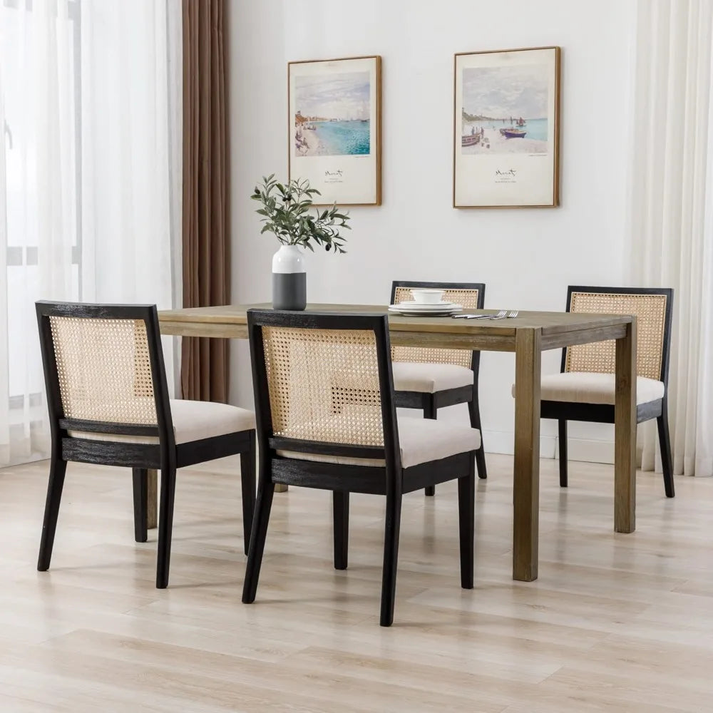 Set of 4 Farmhouse Rattan Dining Chairs, Black Wood & Upholstered