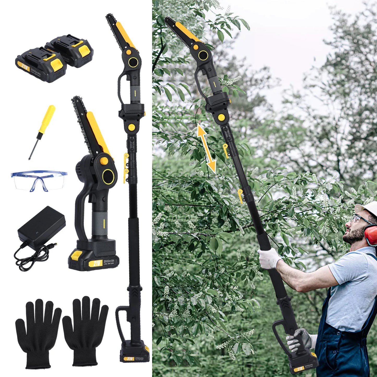 2-in-1 Mini 6" Cordless Chainsaw & Pole Saw – 21V Handheld Electric Saw for Woodworking & Pruning