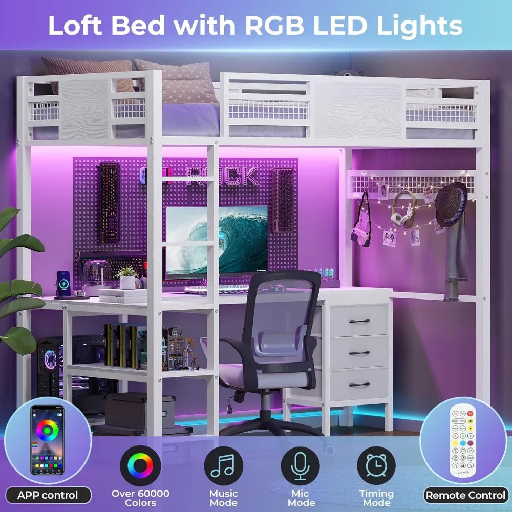 LED Twin Loft Bed with Desk & Drawers