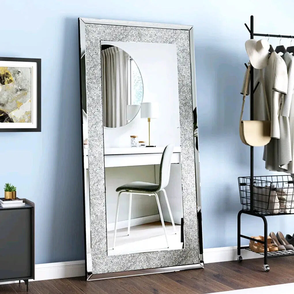 LUVODI Large Frameless Vanity Mirror with Silver Crystal Rhinestones