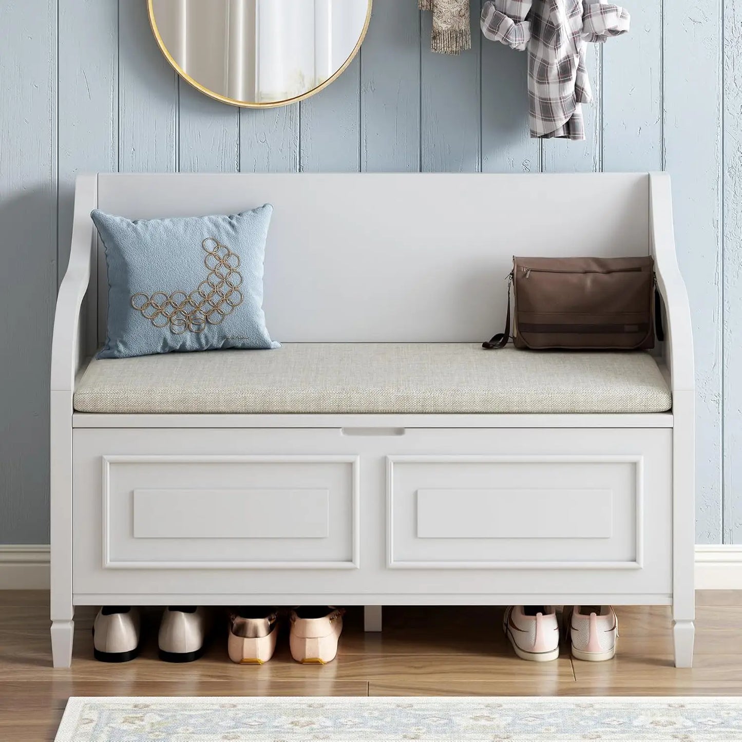 Multifunctional Entryway Wooden Storage Bench with Shoe Cabinet and Safety Hinge