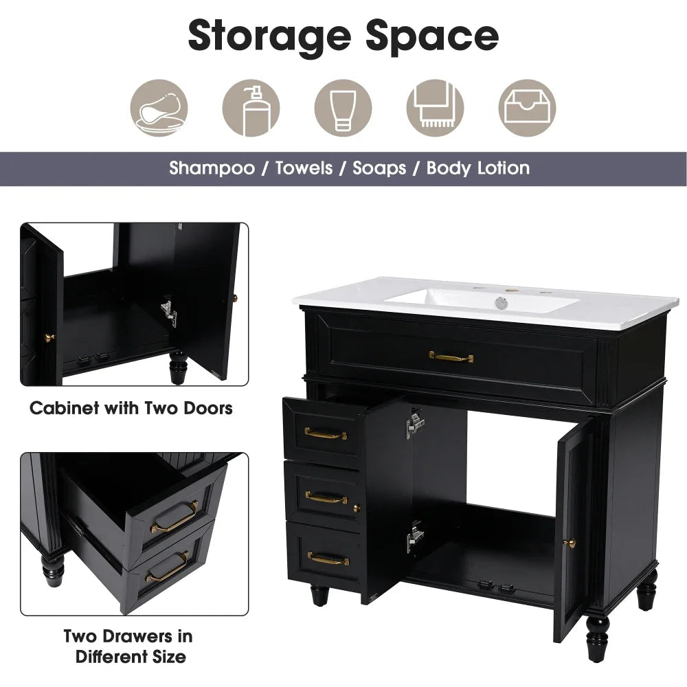 Modern 36" Bathroom Vanity with Sink – Black Finish, Drawers & Durable Frame