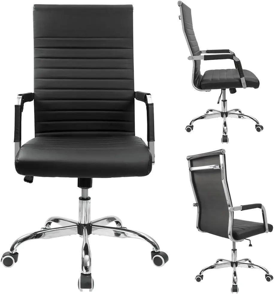 Ribbed Office Desk Chair Mid Back PU Leather Adjustable Swivel Chair with Arms