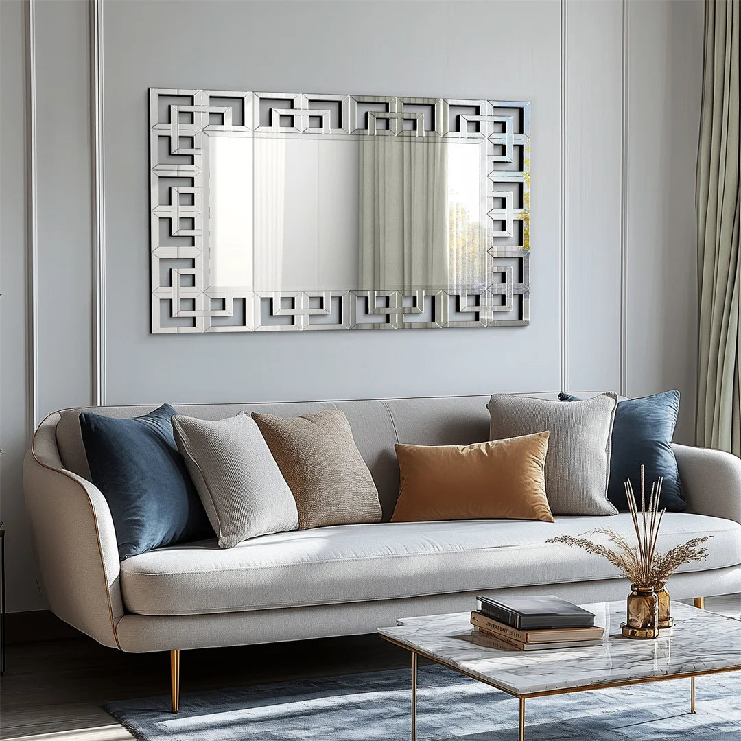 LUVODI 48" Silver Wall Mirror – Elegant Hollow-Out Accent for Living Room, Hallway, or Fireplace