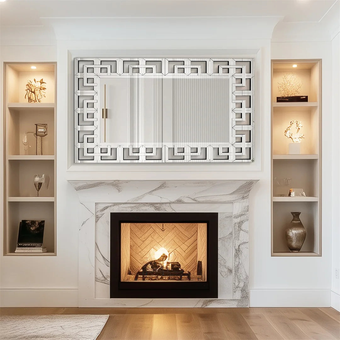 LUVODI 48" Silver Wall Mirror – Elegant Hollow-Out Accent for Living Room, Hallway, or Fireplace