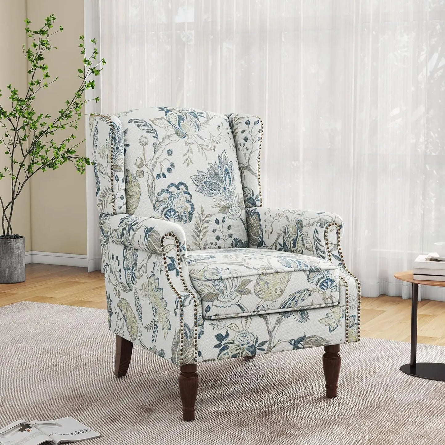 Accent Arm Chair, Upholstered High Back Wingback with Nailhead Trim