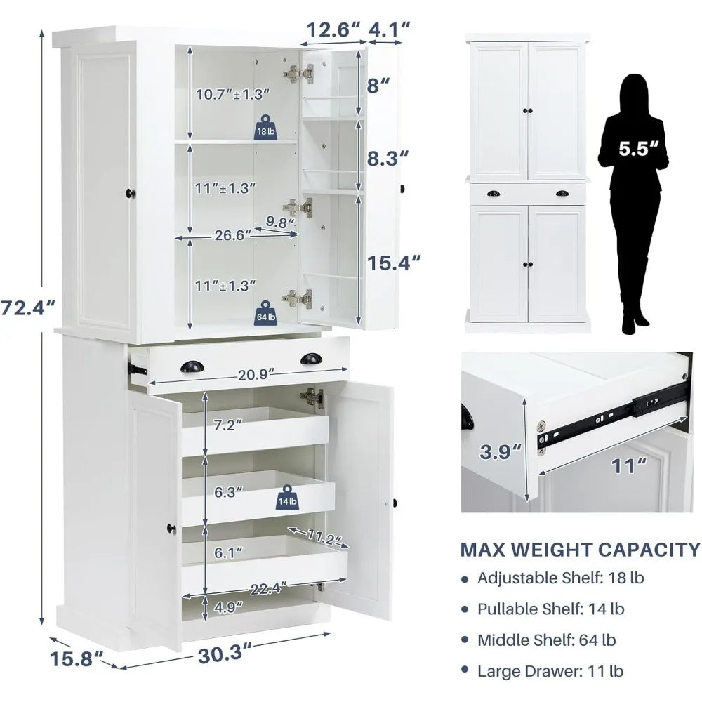 72" Freestanding Kitchen Pantry Cabinet with Drawer & Pull-Out Shelf