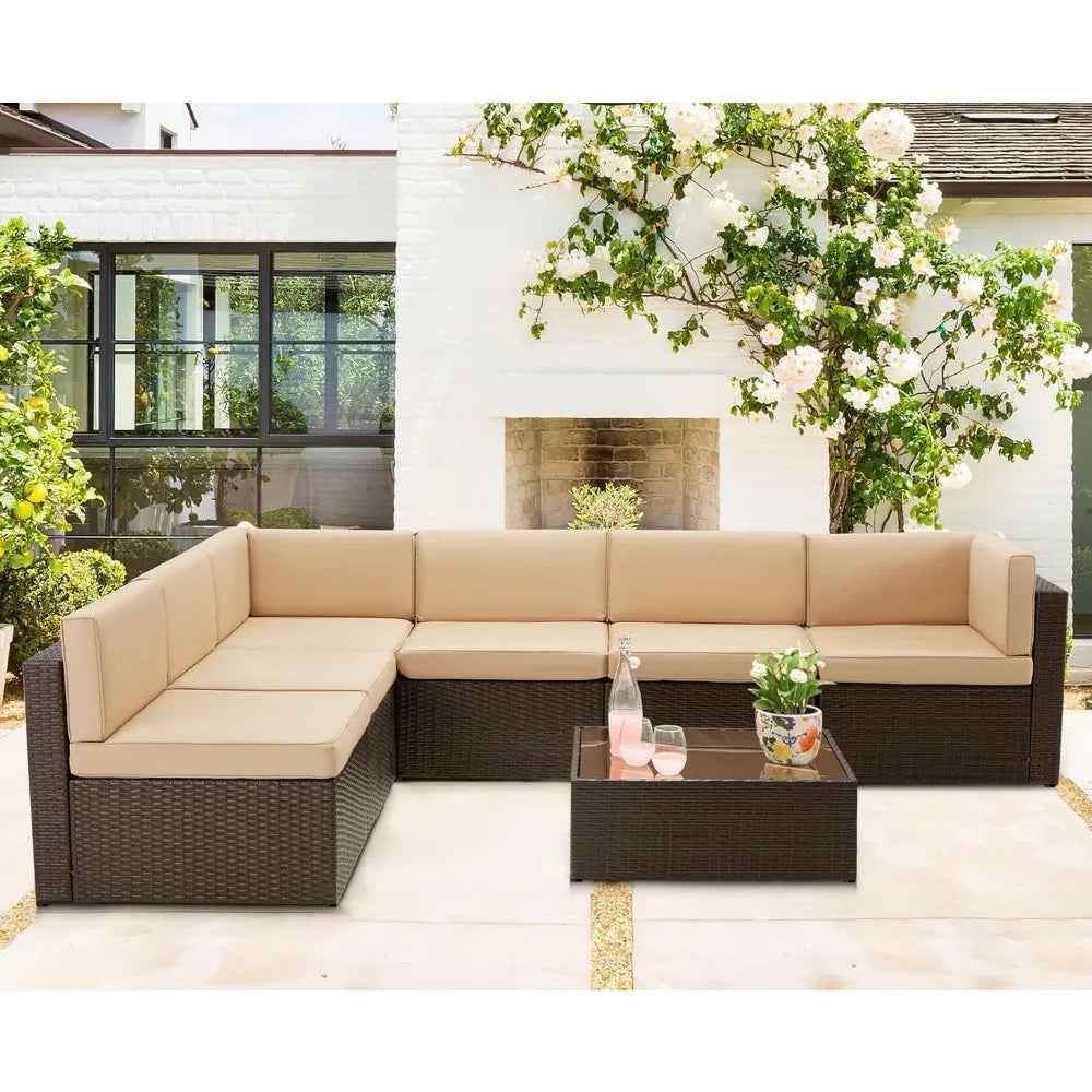 U-MAX 7-Piece Patio Set with Fire Pit – Rattan Sectional Sofa for Outdoor Comfort