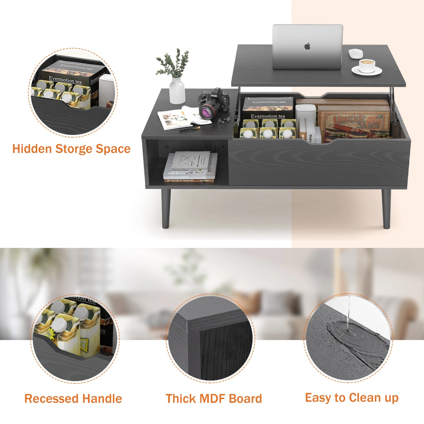 JHK Lift Top Coffee Table Adjustable Storage Shelf