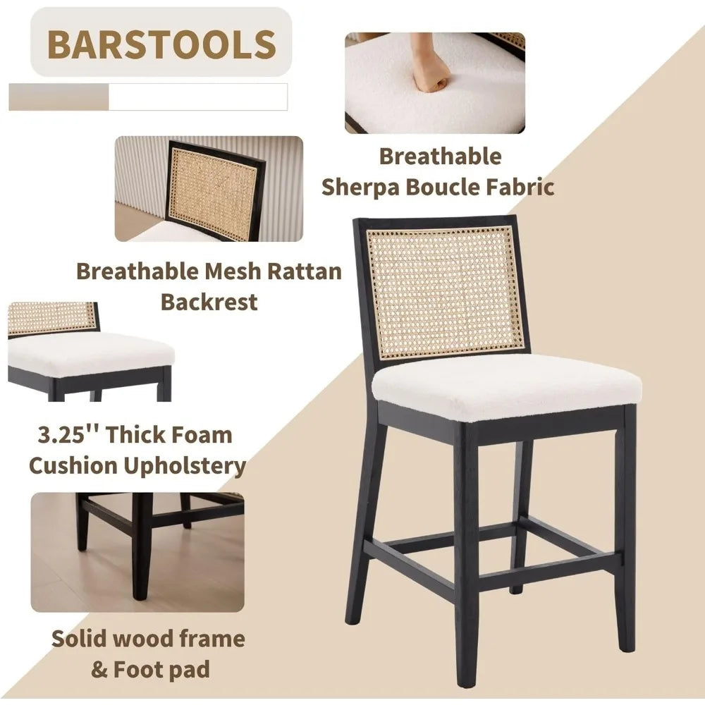 26" Modern Farmhouse Rattan Bar Stools – Upholstered Counter-Height with Backrest