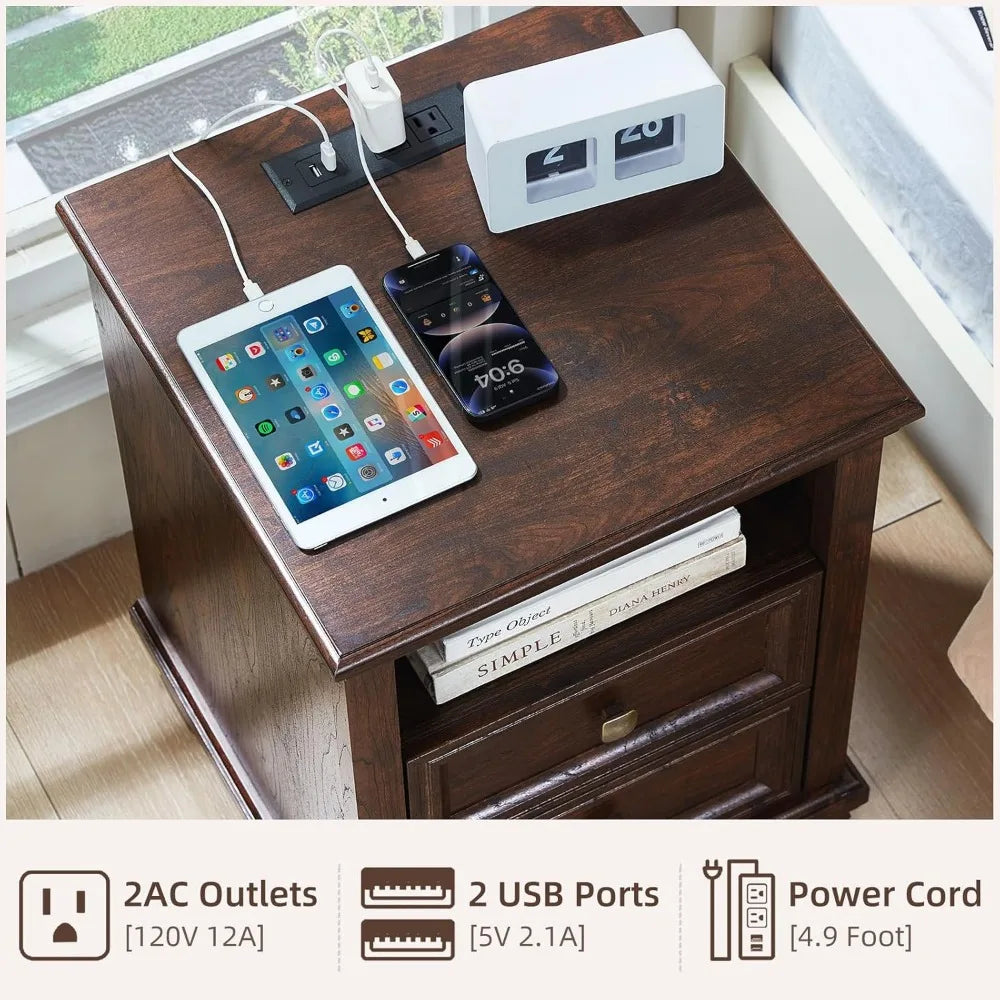 24" Farmhouse Walnut Nightstand with Charging Station, 2 Drawers End Table