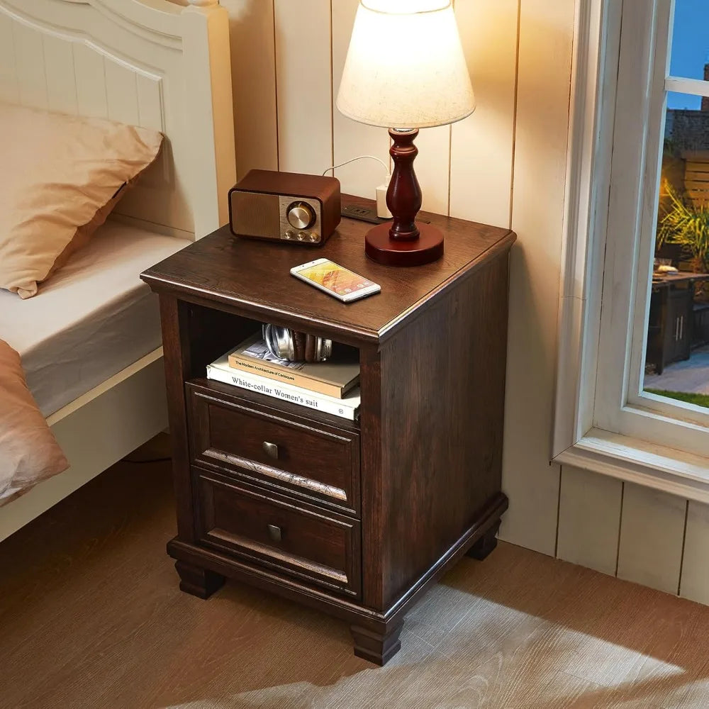 24" Farmhouse Walnut Nightstand with Charging Station, 2 Drawers End Table