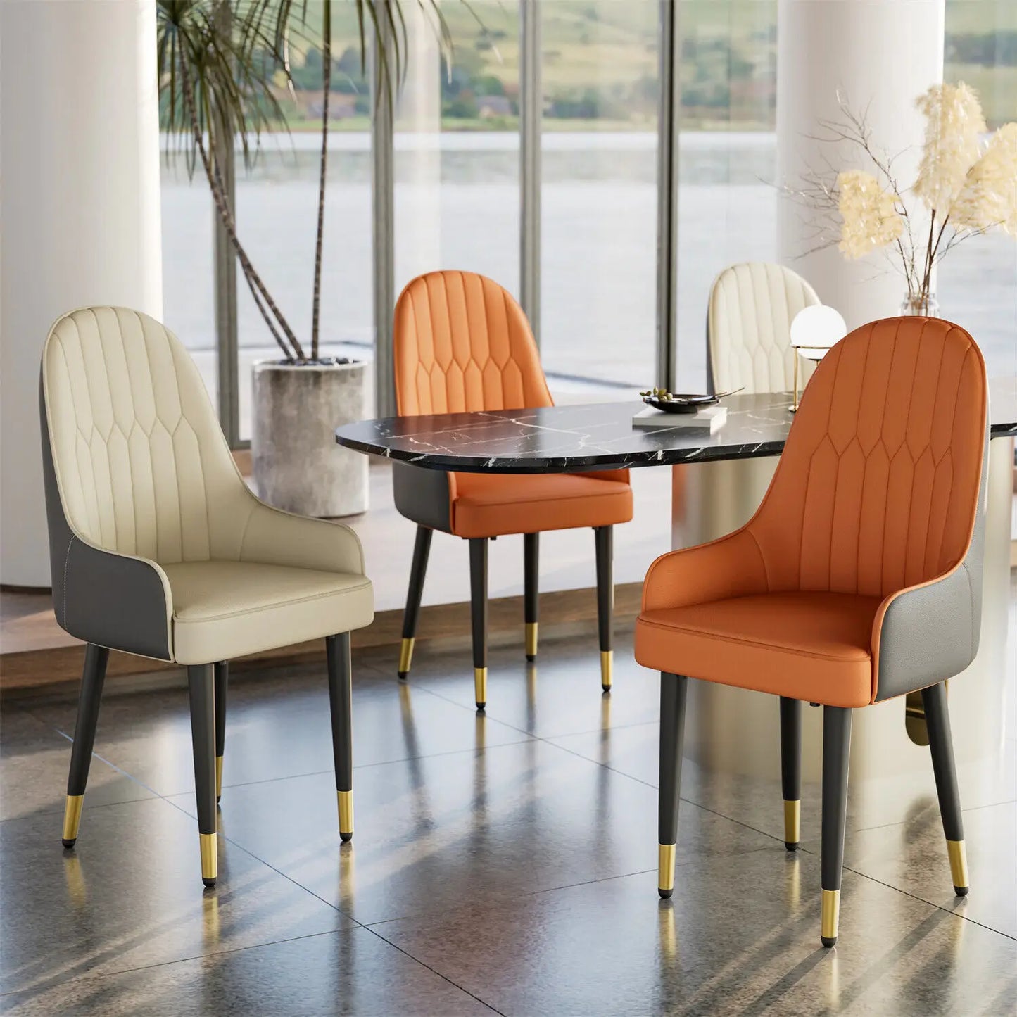 Set of 2 Faux Leather Dining Chairs, Mid-Century Wood Legs