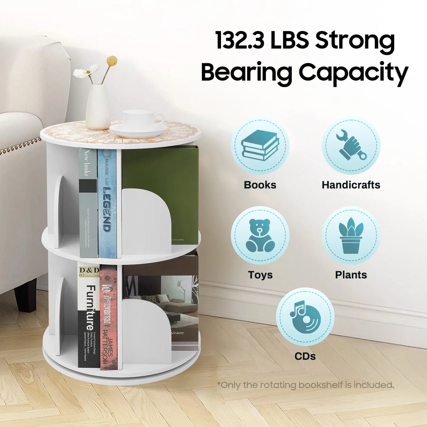 360° Rotatable 2-Tier Book Shelf, Freestanding Storage Organizer for Home & Office, White
