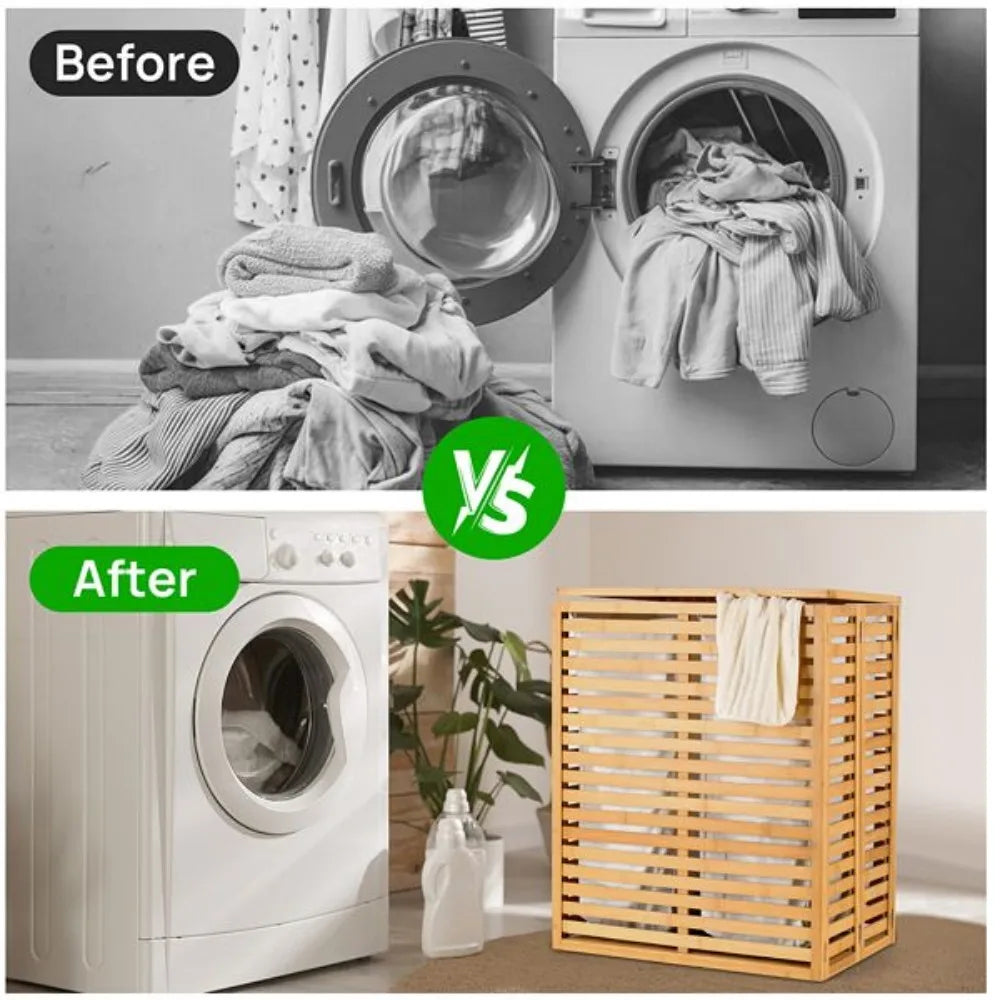 Foldable Bamboo Laundry Hamper with Lid, 2-Section Removable Liner