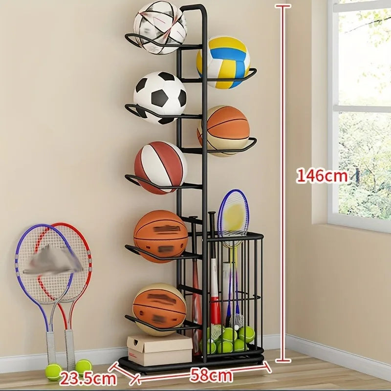 Sports Ball Storage Rack with Basket & Hooks – Garage Organizer & Basketball Stand