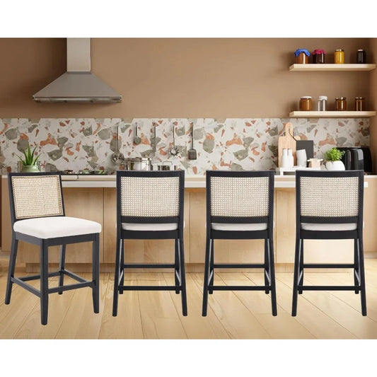 26" Modern Farmhouse Rattan Bar Stools – Upholstered Counter-Height with Backrest