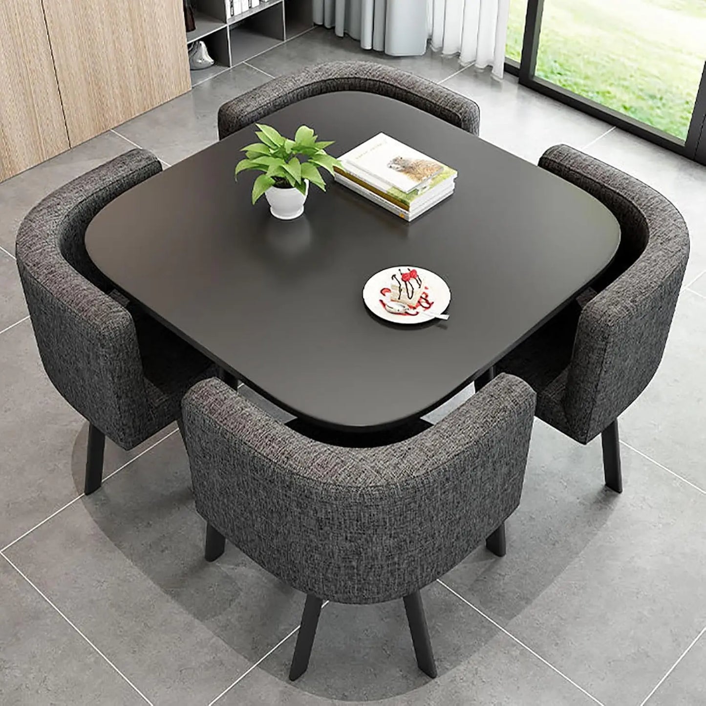 5-Piece Modern Dining Set, Stone-Style Table with Space-Saving Chairs