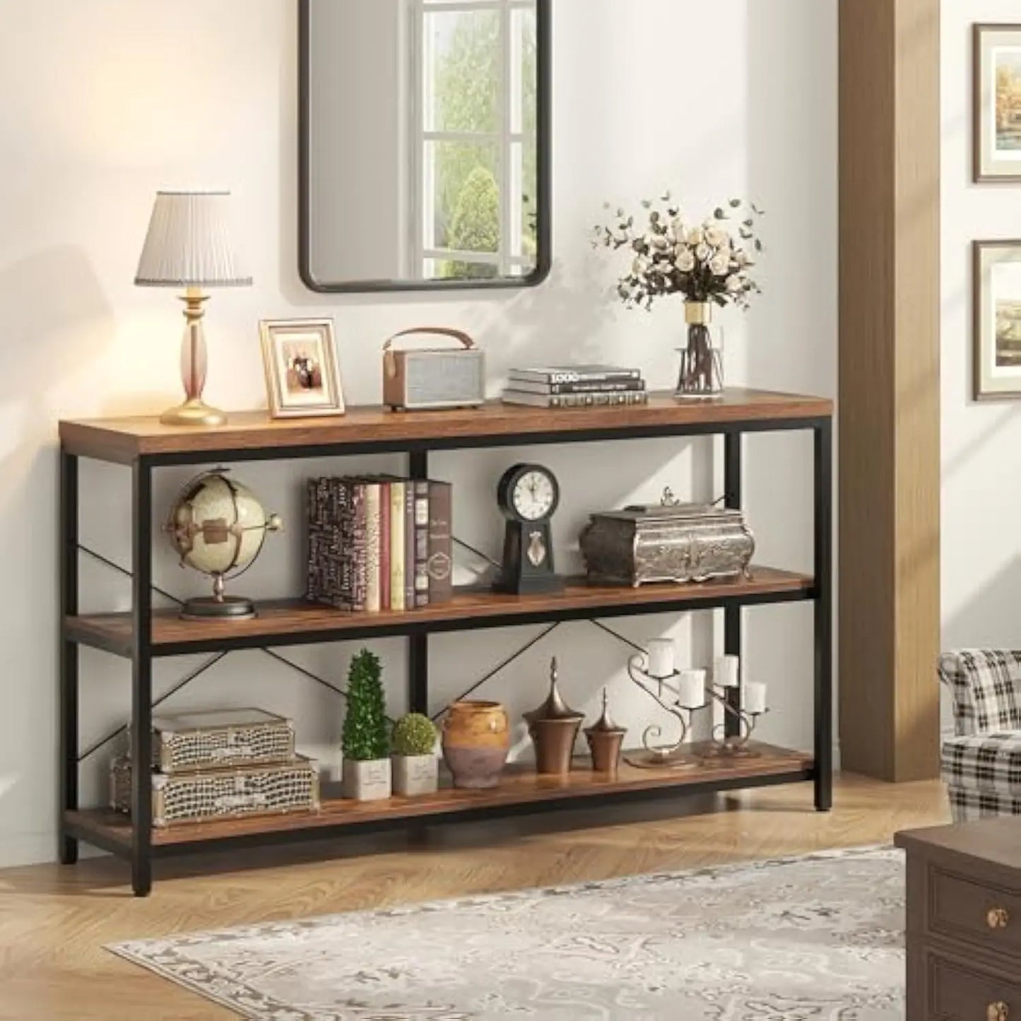 55.1" Narrow Console Table - Extra Long 3-Tier Wood Storage Shelf