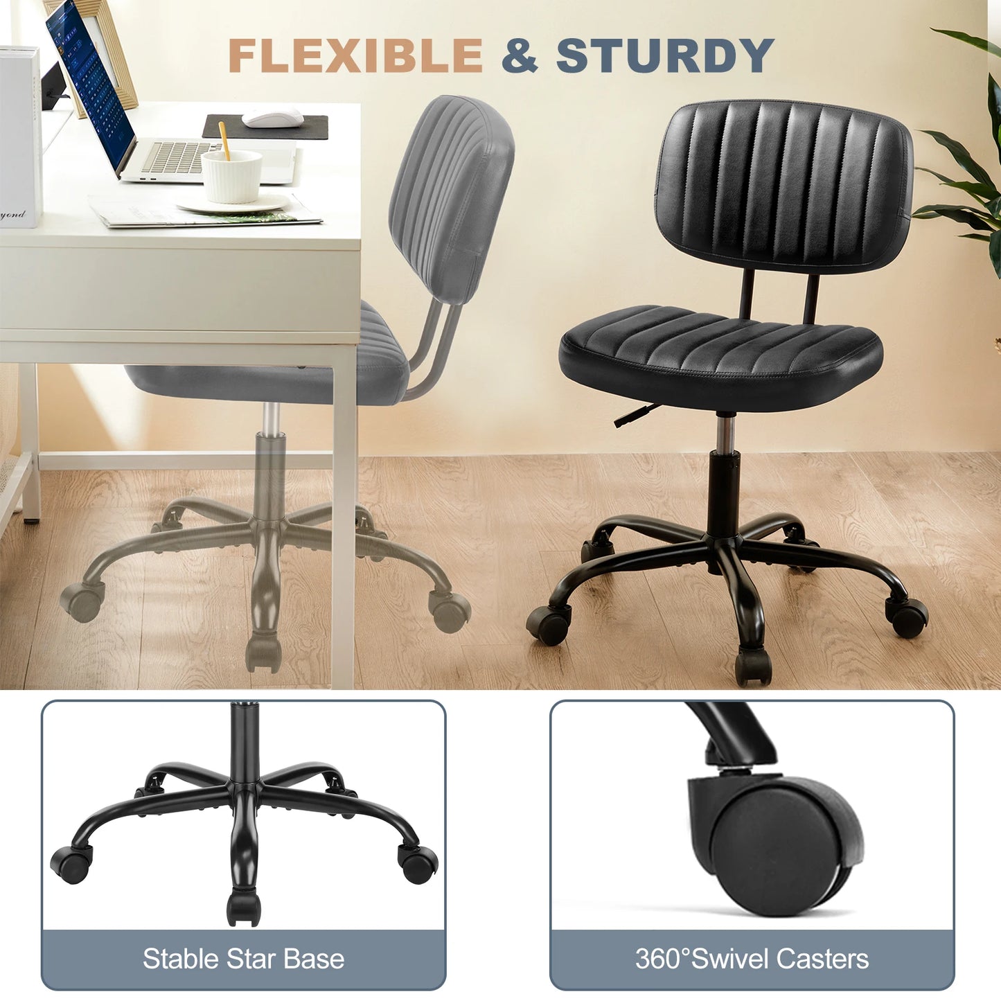 JHK Armless PU Leather Office Chair – Adjustable Height & Lumbar Support with 360° Swivel Wheels