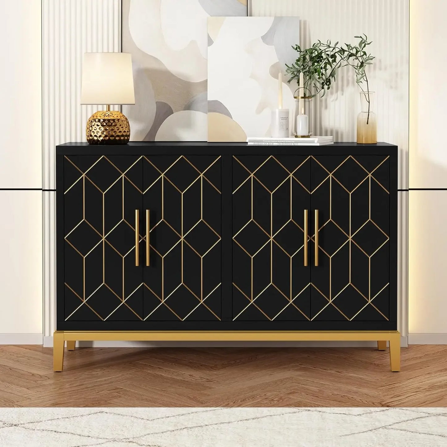 Accent Cabinet with 4 Doors & Shelves Gold Black