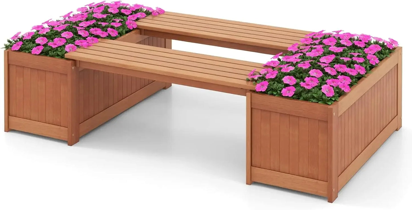 Rustic Garden Bed with Bench – Deep Wooden Planter Box for Outdoor Growing