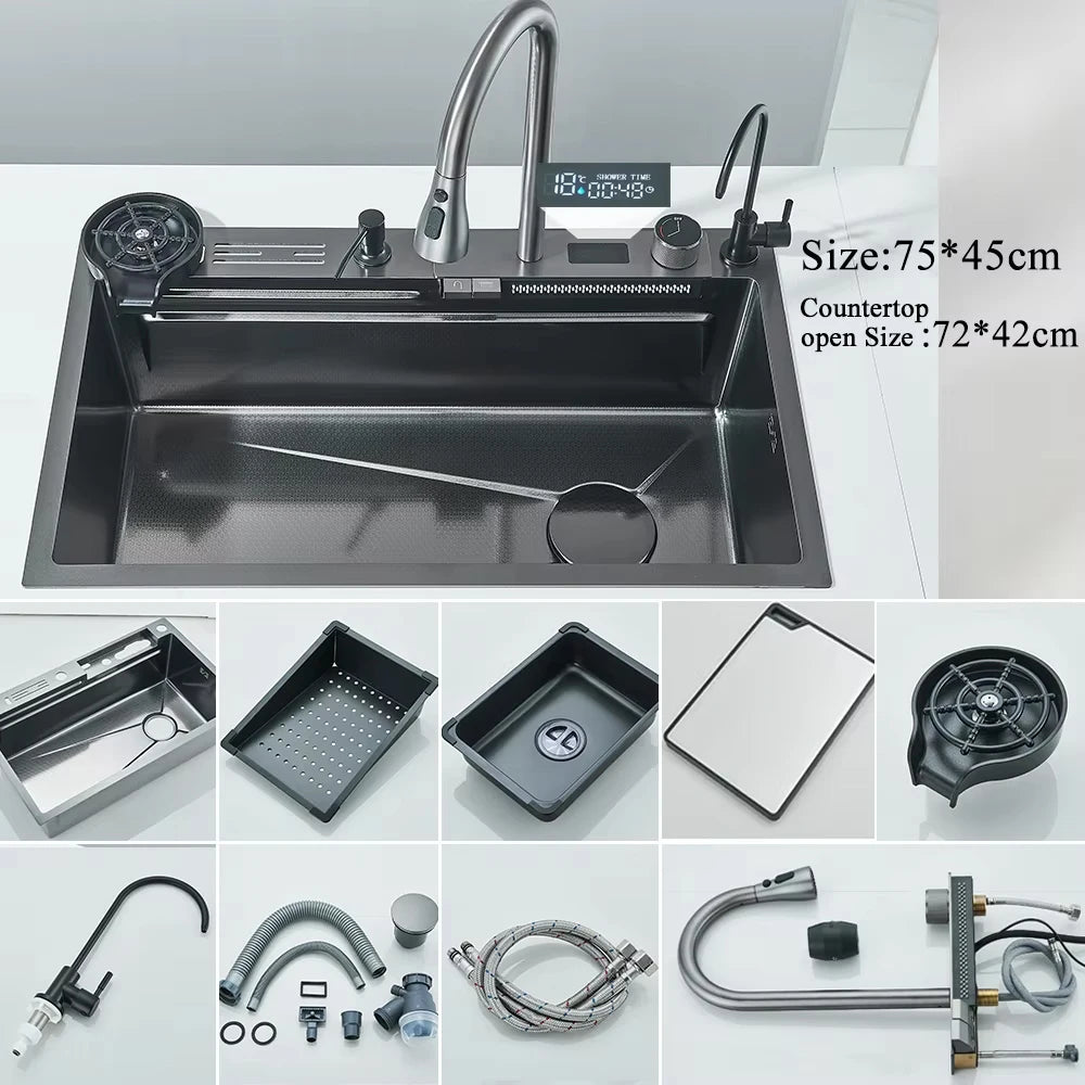 304 Stainless Steel Waterfall Kitchen Sink Set with Digital Faucet, Soap Dispenser & Cup Washer