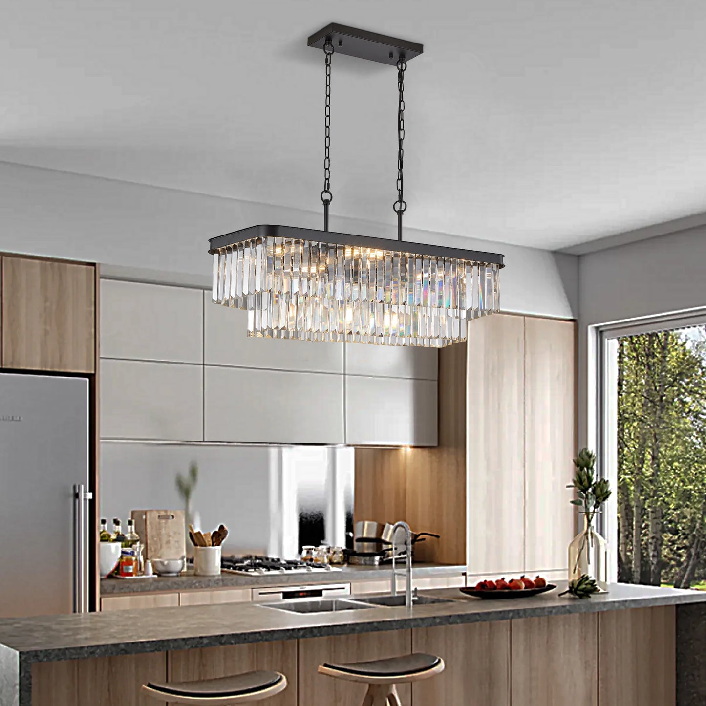 Adjustable Rectangular Crystal Chandelier, E12 Modern Industrial Farmhouse Iron Ceiling Light