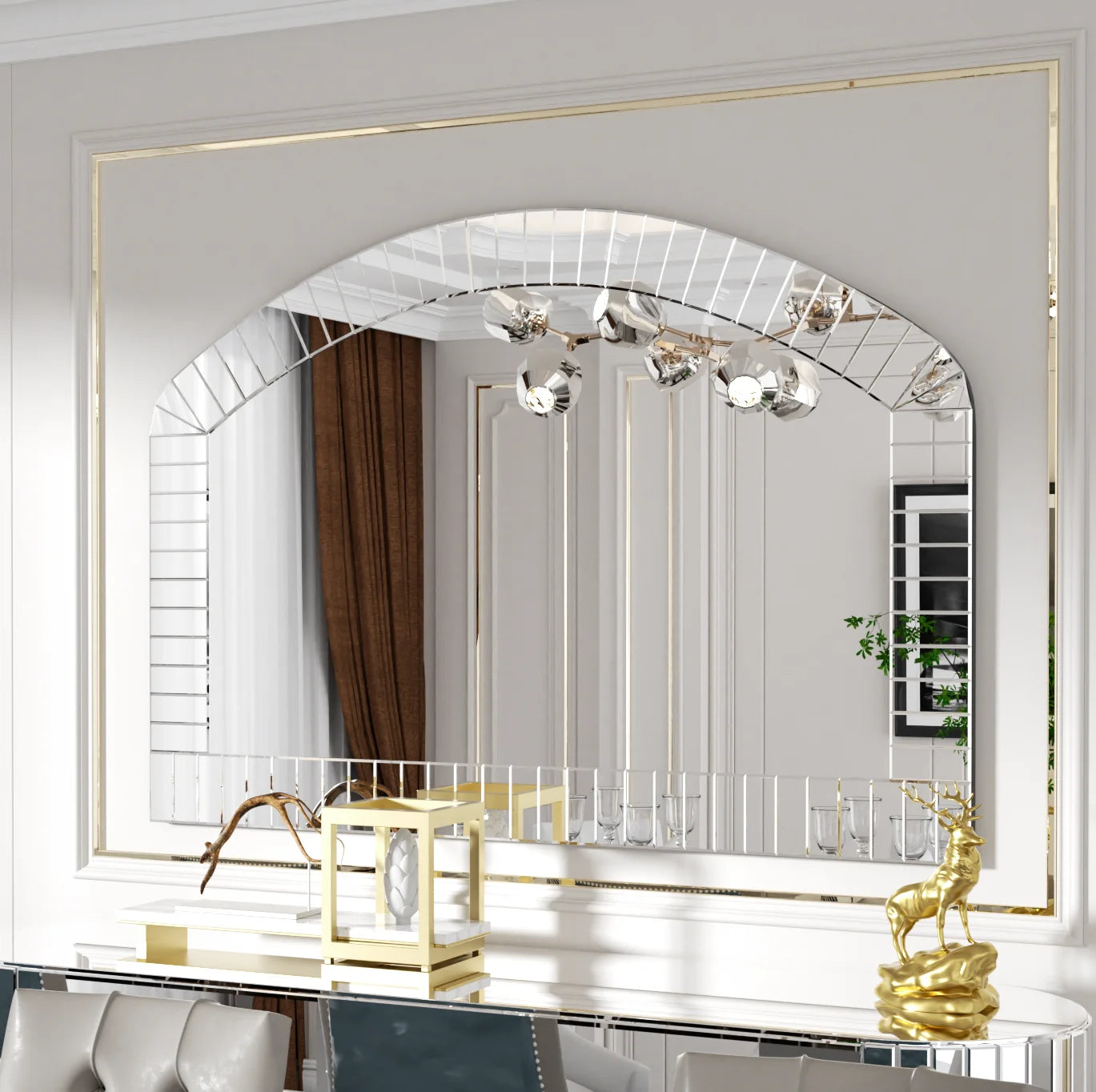 Large Silver Arched Wall Mirror – Venetian-Style Decorative Accent with Beveled Glass