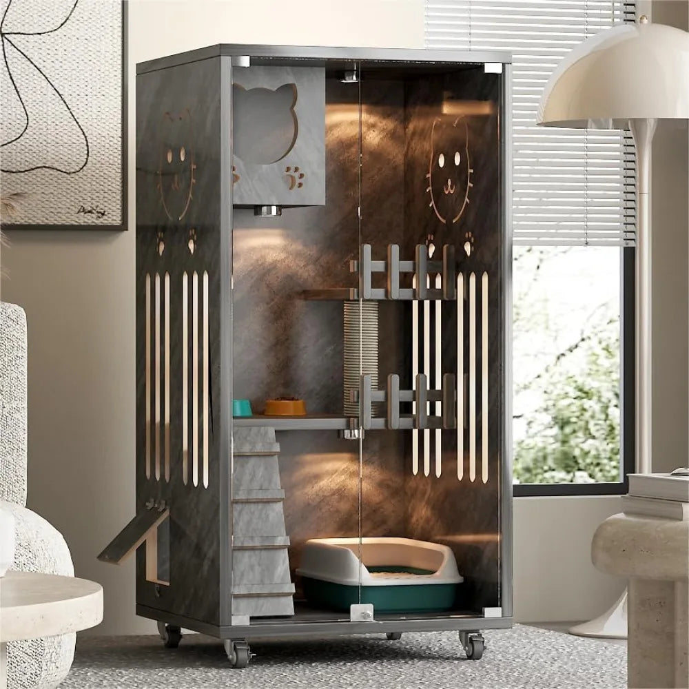 Wooden Cat House with Wheels – Multi-Level Enclosure & Scratching Post for Indoor/Outdoor