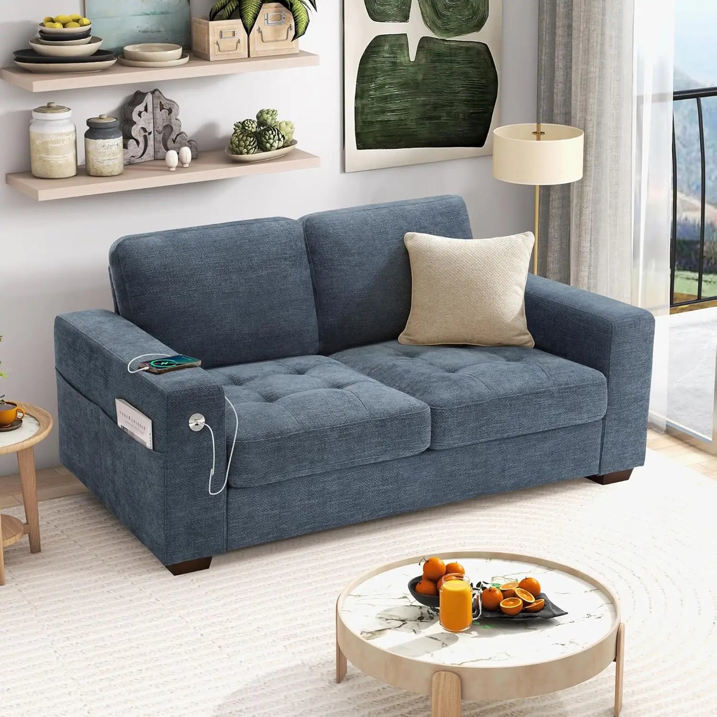 89" Faux Leather Sofa with USB/Type-C, Removable Cushions, Wide Armrests