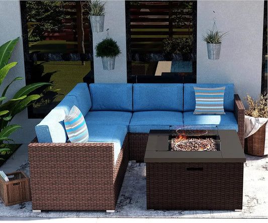 🌿 6-Piece Outdoor Wicker Patio Set | Sofa Comes with Gray or Sky Blue Cushions