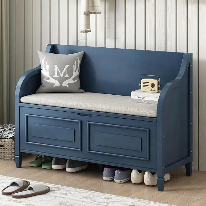 Multifunctional Entryway Wooden Storage Bench with Shoe Cabinet and Safety Hinge