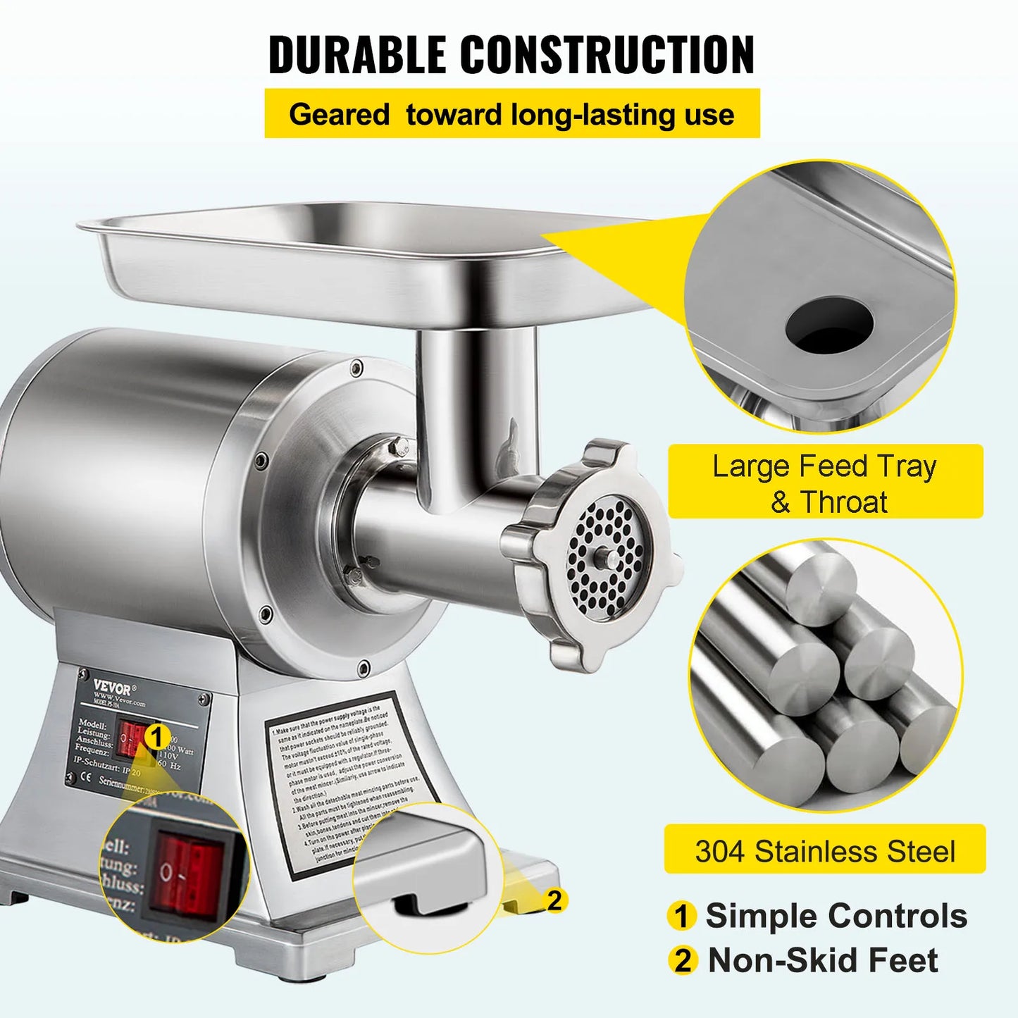 VEVOR Electric Meat Grinder 122–250 KG/H Heavy-Duty Commercial Mincer & Food Processor