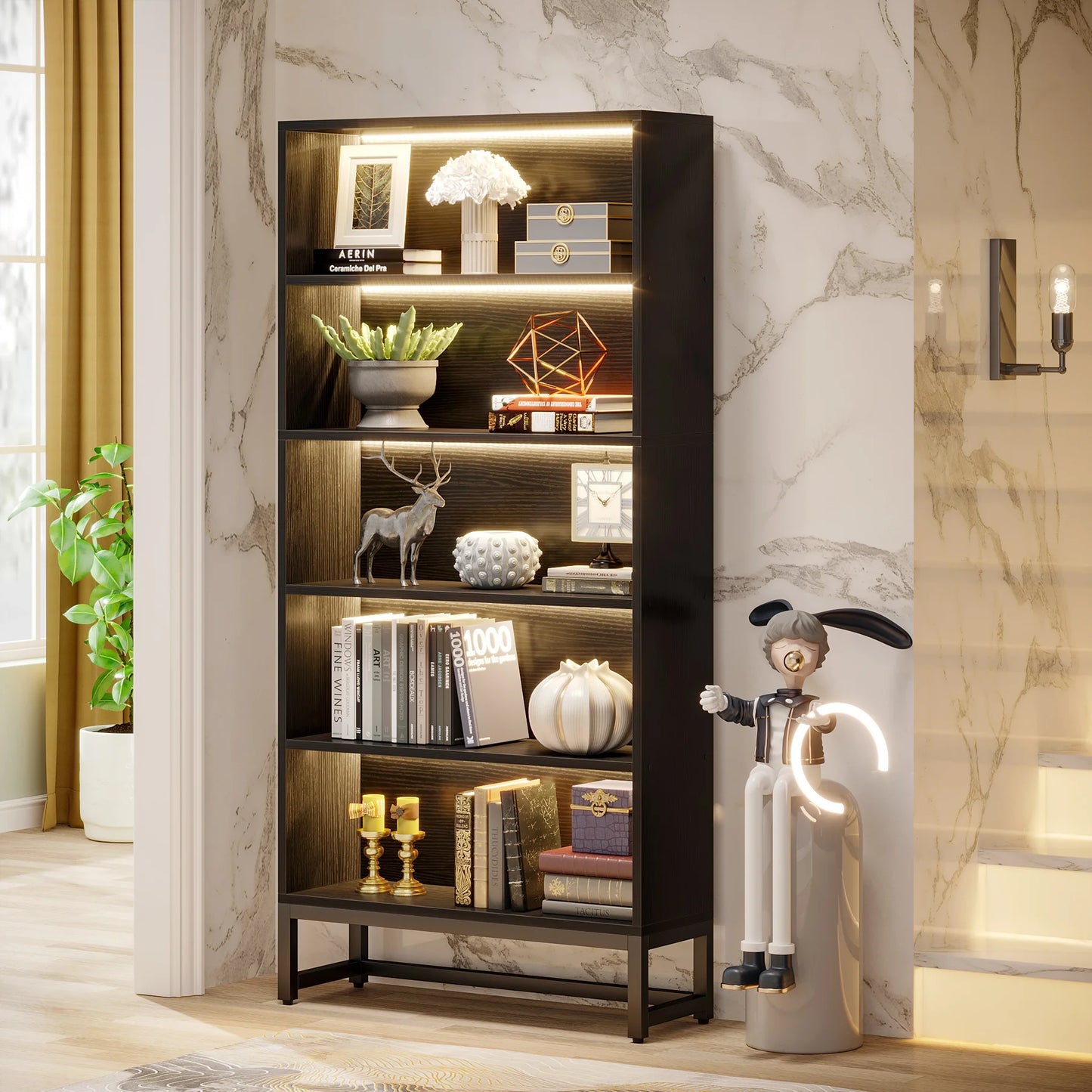 Tribesigns 70.8" Tall Library Bookcase with LED Lights, Heavy Duty Organizer