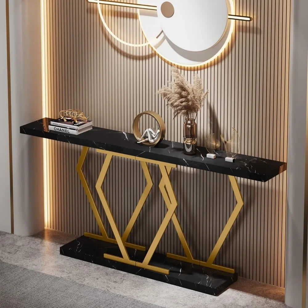 70.9" Extra Long Console Table, Faux Marble Top, Modern Table with Gold or Black Frame