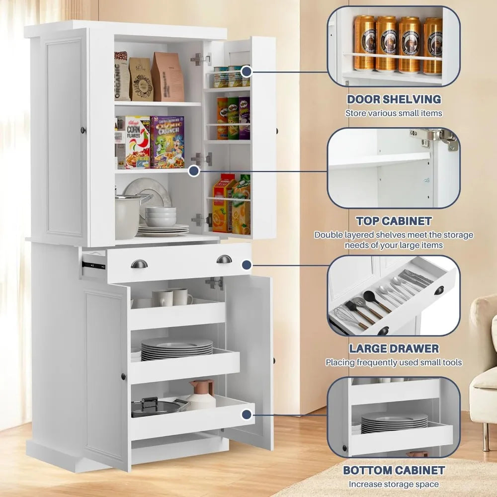 72" Freestanding Kitchen Pantry Cabinet with Drawer & Pull-Out Shelf