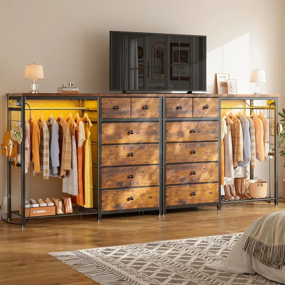 49.2" 6-Drawer Dresser with LED Lights, Charging Station, Fabric Storage Chest, Hanging Rack