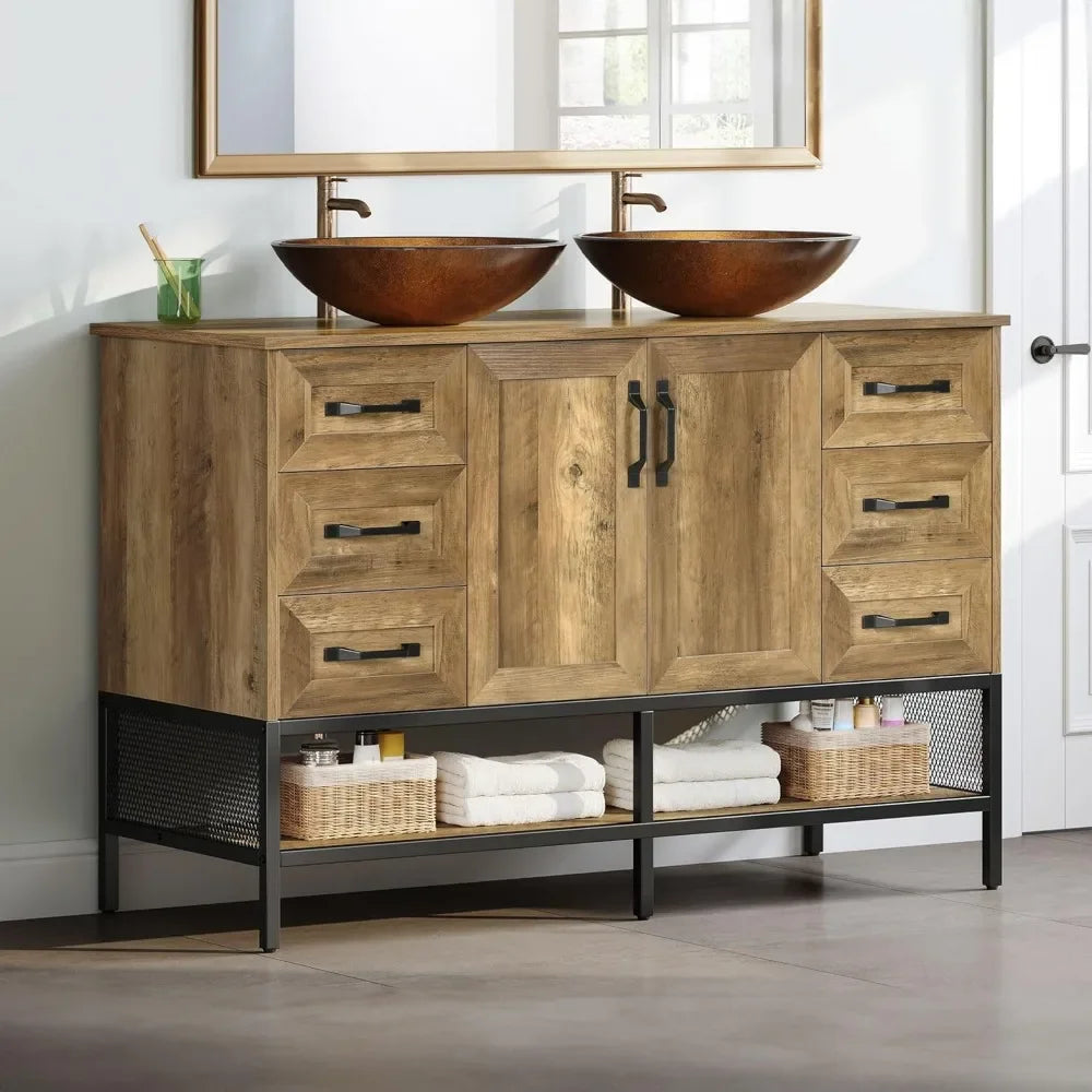 48" Double Rustic Bathroom Vanity Set with Double Sinks, Side Cabinet, Tempered Glass Vessel Sinks