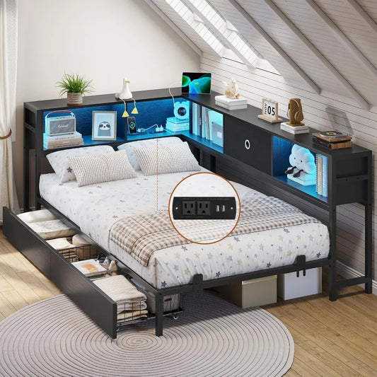 ✅ Twin XL Corner Bed Frame – Bookcase Headboard, LED Lights, Storage Drawers & Built-In Charging Station