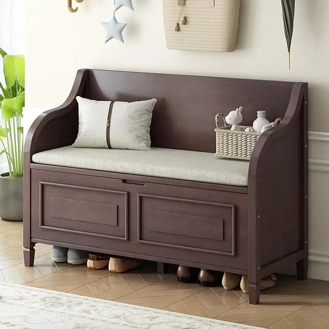 Multifunctional Entryway Wooden Storage Bench with Shoe Cabinet and Safety Hinge